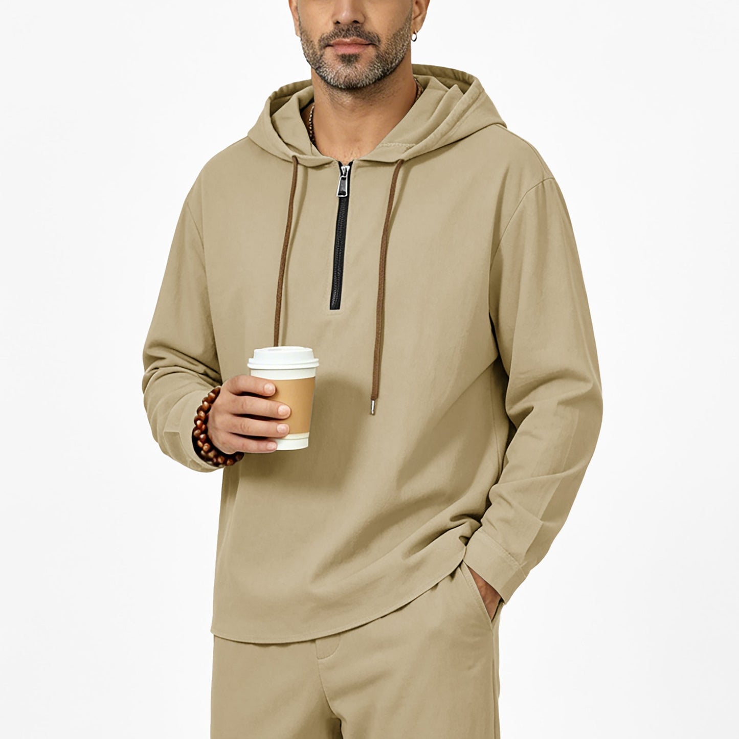 Mens Linen Hooded Half-Zip Sweatshirt