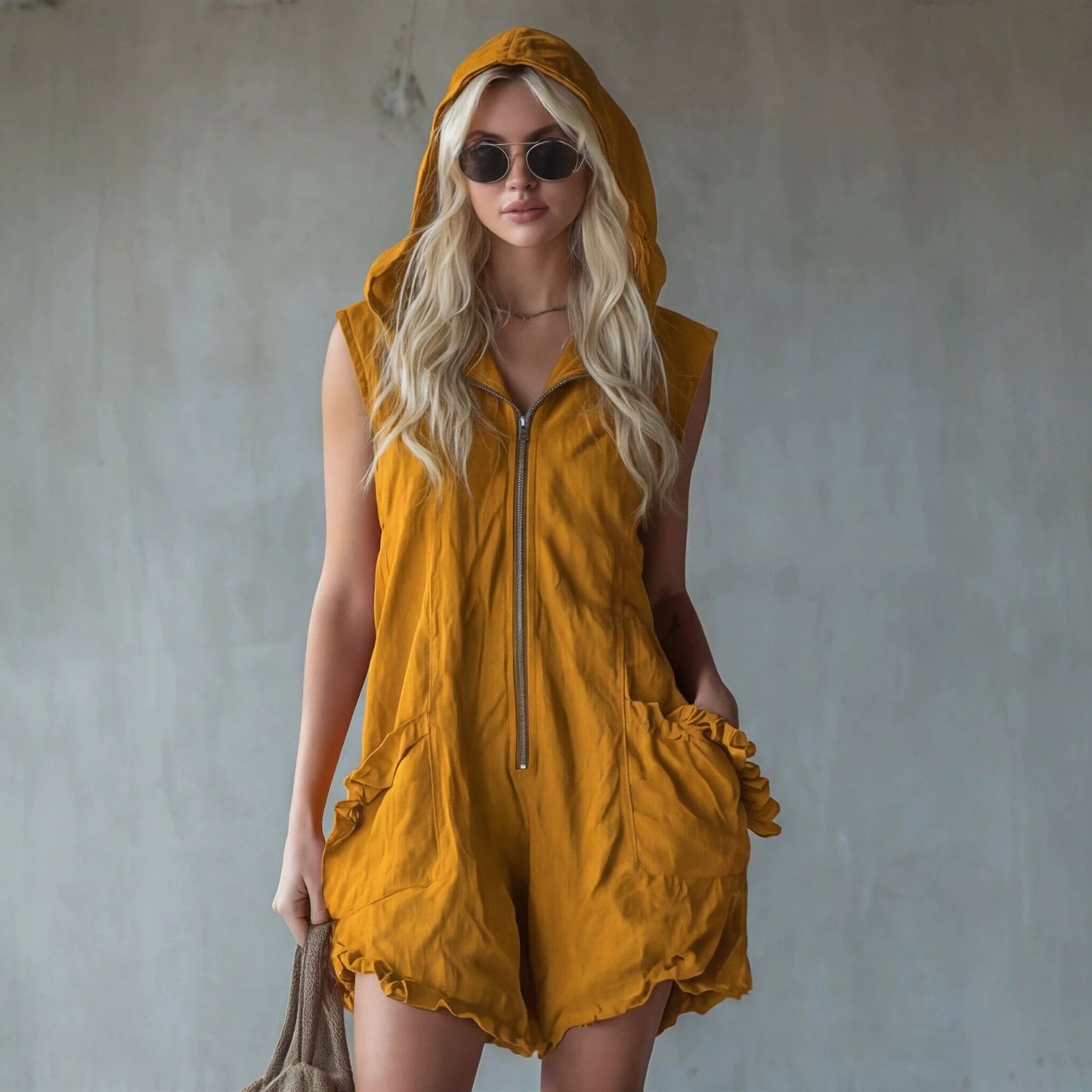 Women's Retro Hooded Zip-Up Sleeveless Cropped Jumpsuit