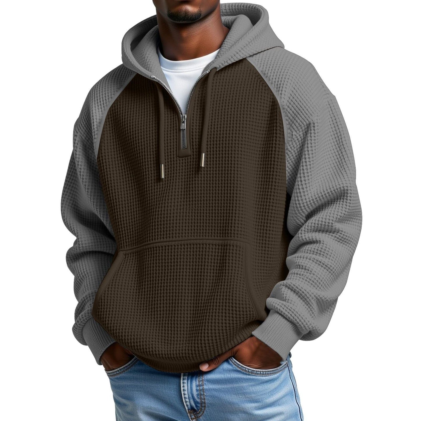Color-block Waffle-knit Long-sleeve Hooded Jacket