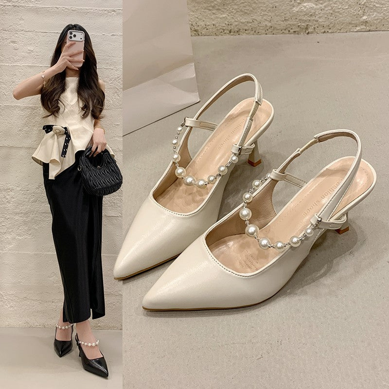 Women French Style Pearl Closed Toe Sandals, 2026 Summer New Pointed Toe Stiletto Backless High Heels, Fairy Style Single Shoes