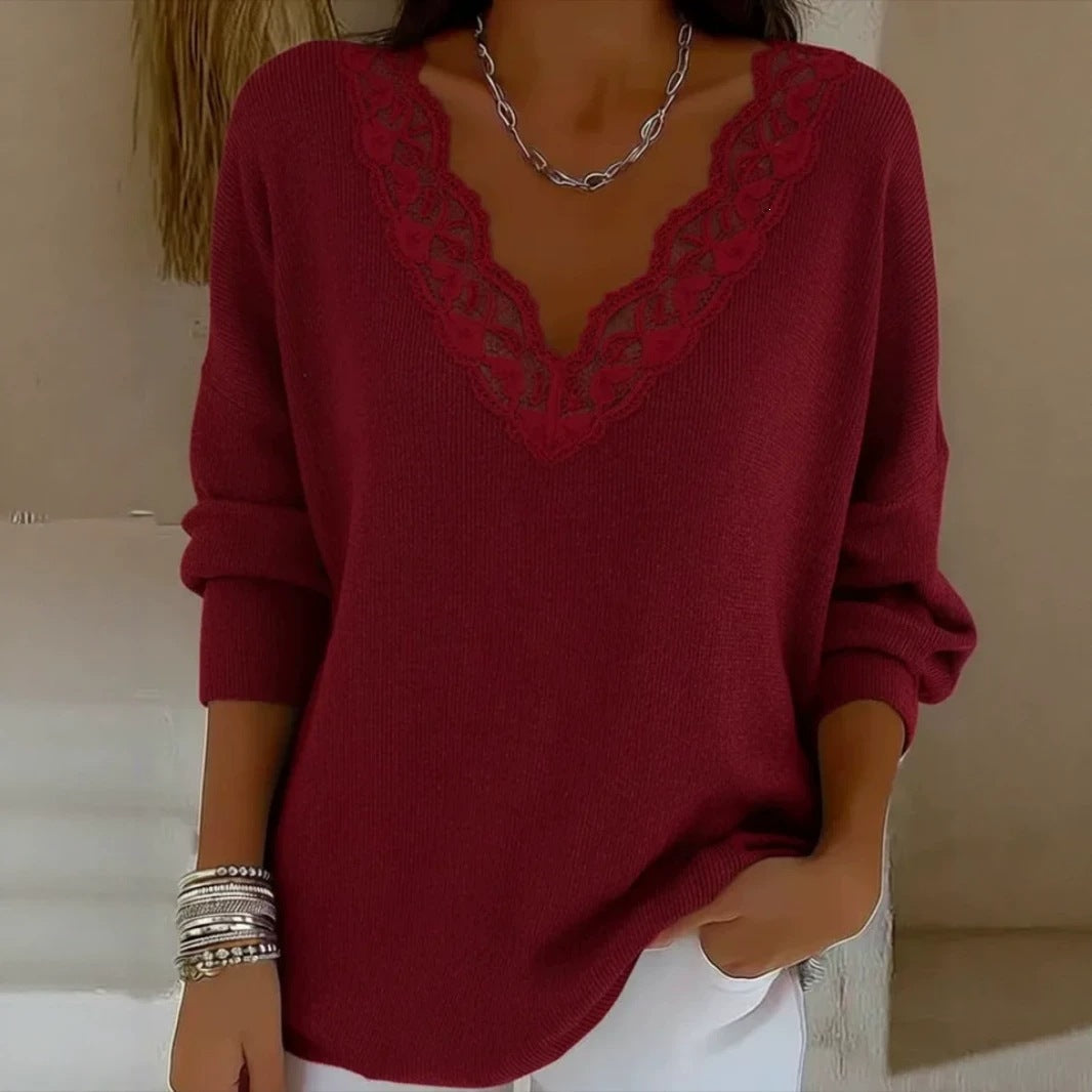 Women Casual Knitted Pullover Tops Lace Trim V Neck Long Sleeve Loose Fit Solid Color Blouse Shirts