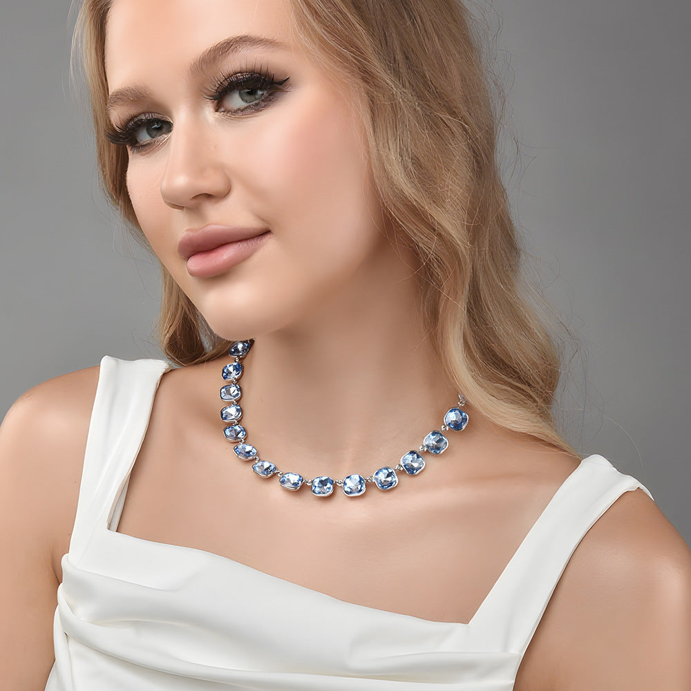 Light Blue Cushion Cut Cubic Zirconia Choker Necklace For Women, Silver Full Inlay Elegant Wedding Party Collarbone Chain Fashion Jewelry