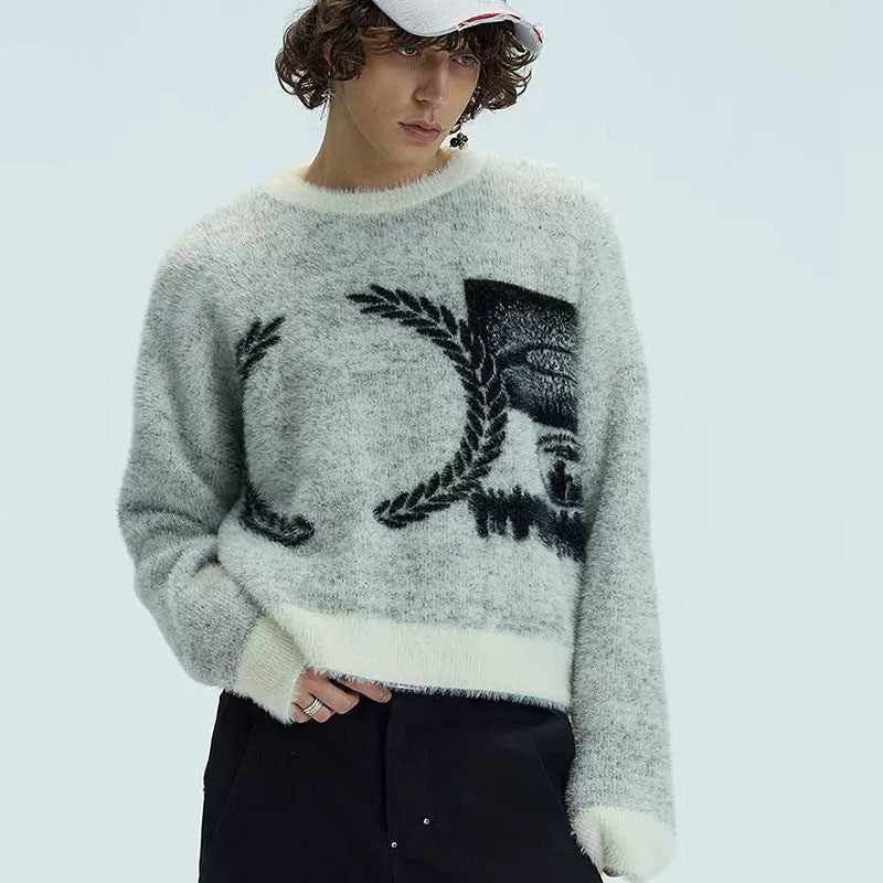 Mens American-style Cartoon Knitted Plush Color-block Crew-neck Sweater