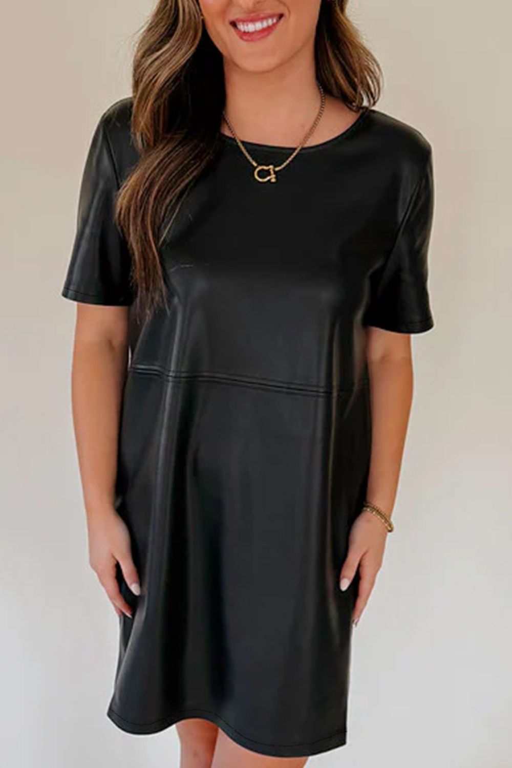 Black Round Neck Short Sleeve Mini Dress Basic Style Dress For Women Simple Style Dress