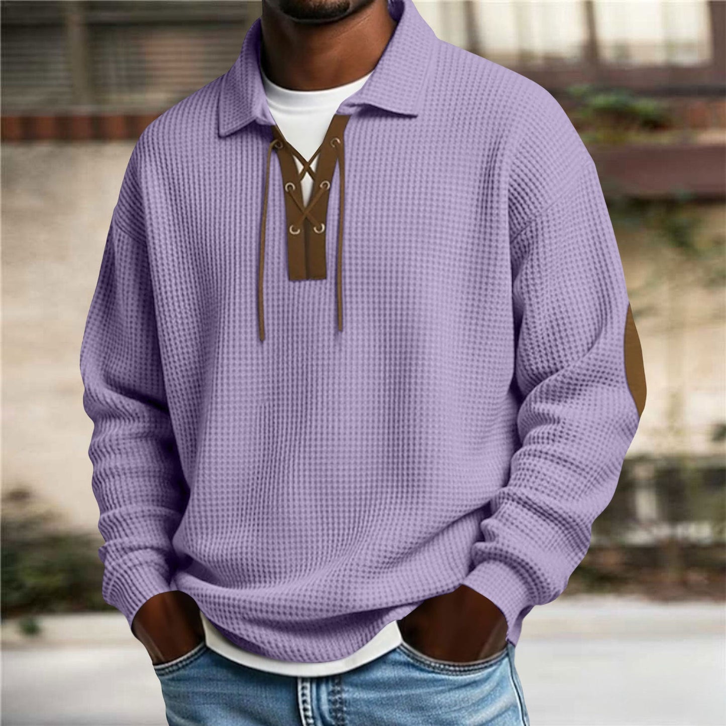 Mens Fashion Solid-Color Long-Sleeve Loose-Fit Sweatshirt
