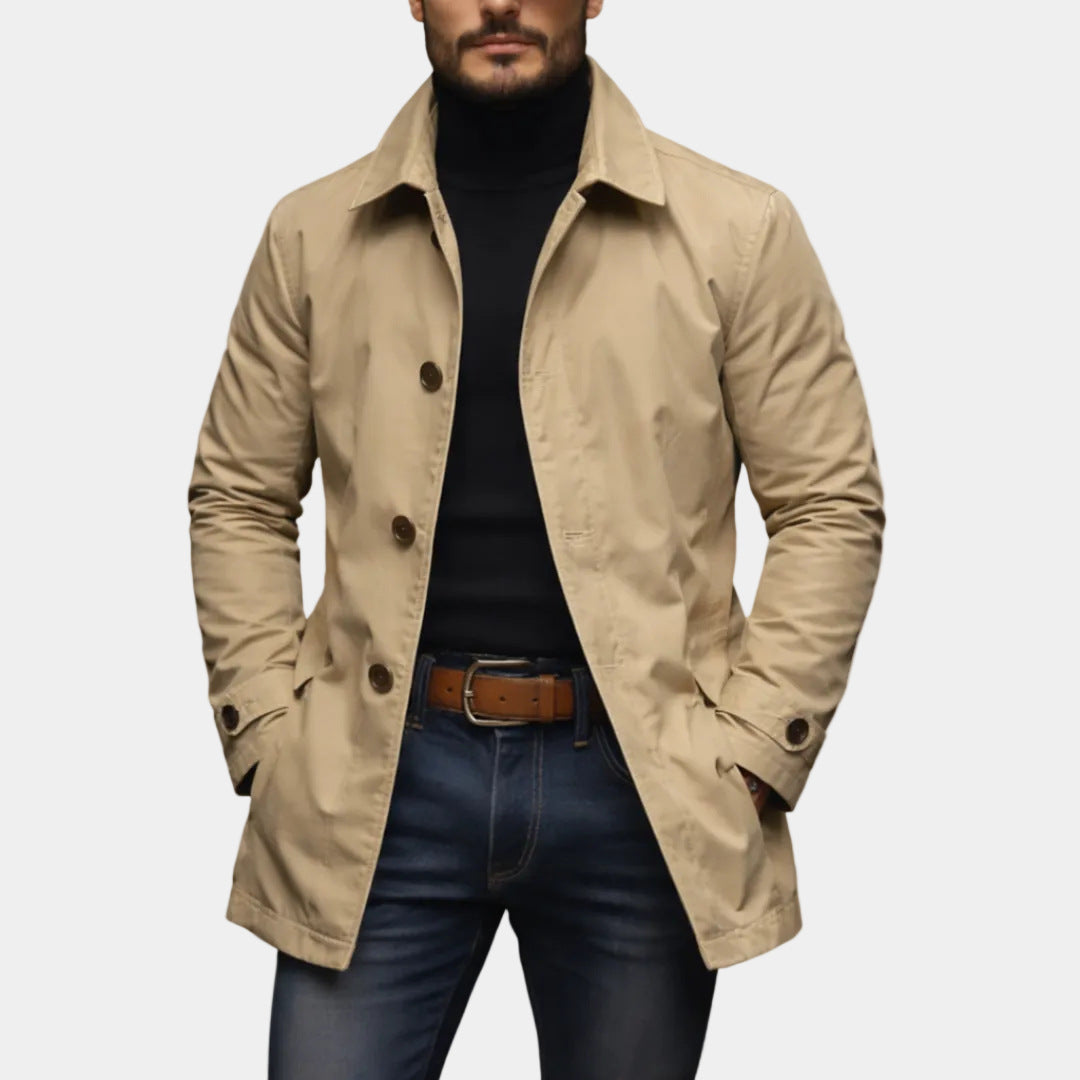 Mens Retro Waterproof Long-Sleeve Cardigan Trench Coat