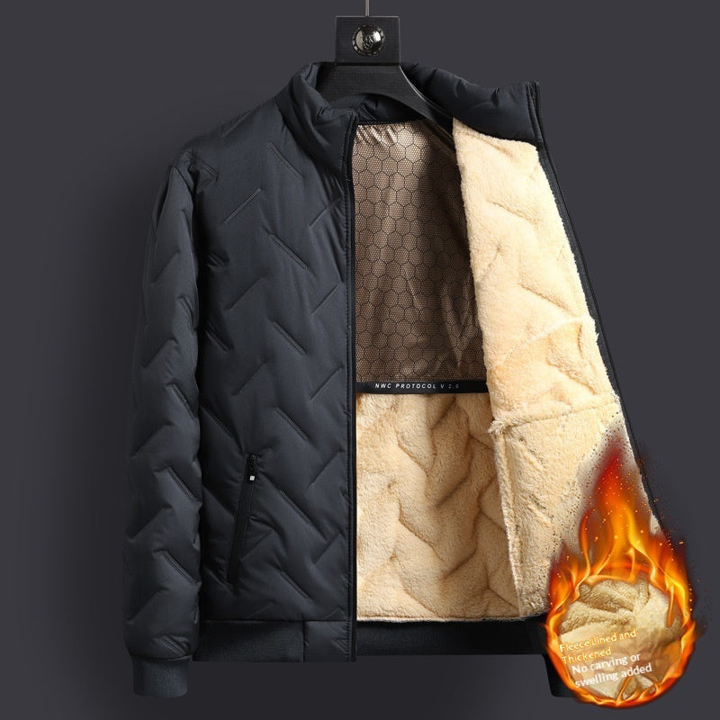 Mens Mid-Length Padded Fleece-Lined Cotton Coat With A Collar For Warmth