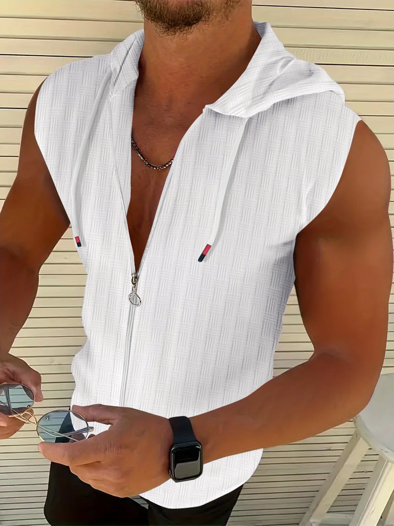 Mens Stylish Sleeveless Hooded Zip-up Cardigan
