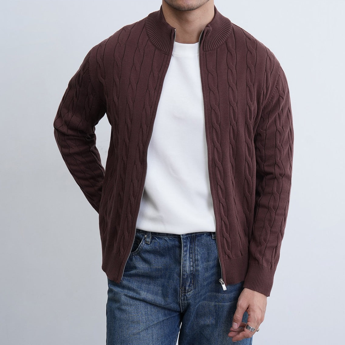 Mens Casual Slim-fit Jacquard Knitted Coat With A Stand-up Collar
