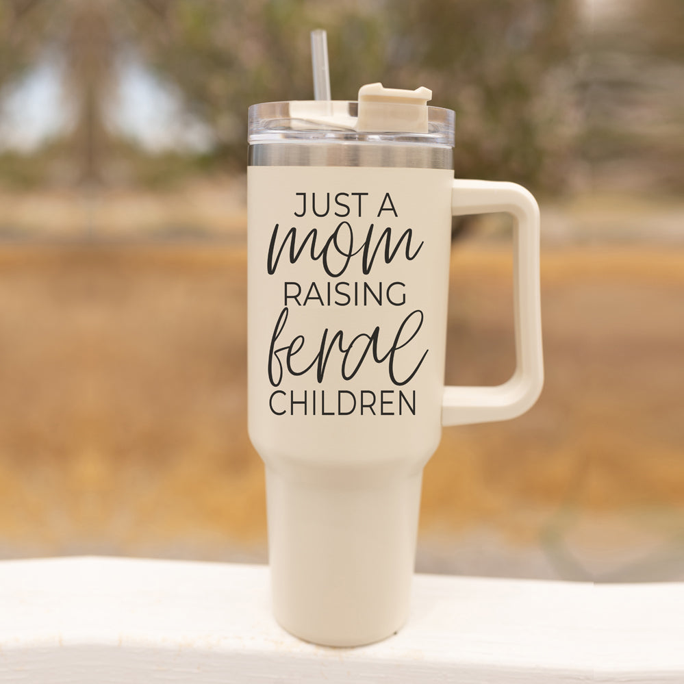 Just A Mom Raising Feral Children 40oz Isolier-Reisebecher mit Griff Edelstahl