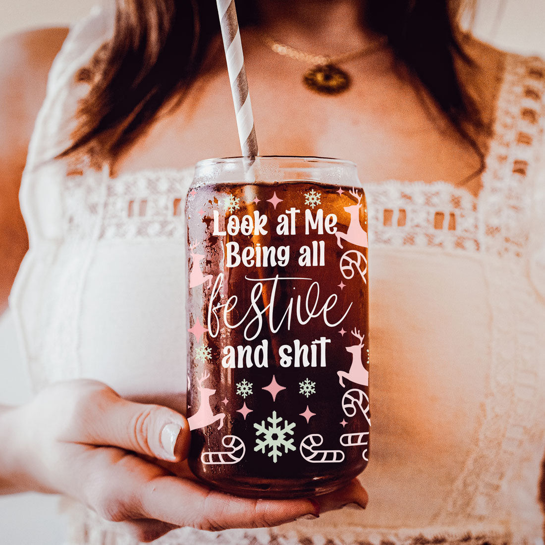 Festive 17oz Holiday Travel Mug Pastel Reindeer Snowflake Candy Cane Cup