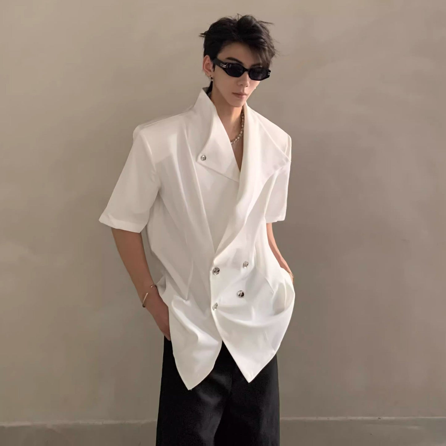 Mens Irregular-Design Shoulder-Padded Summer Shirt