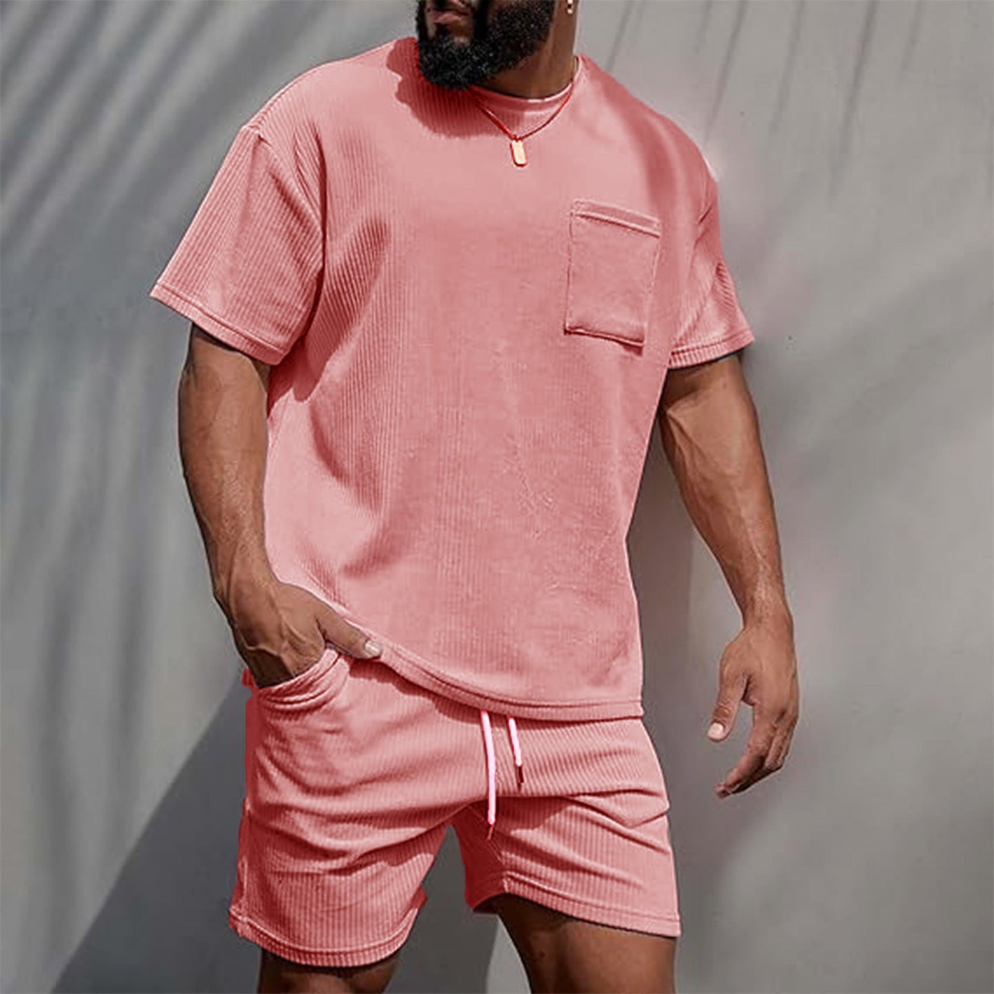 Mens Corduroy Casual Crew-Neck Shorts Set