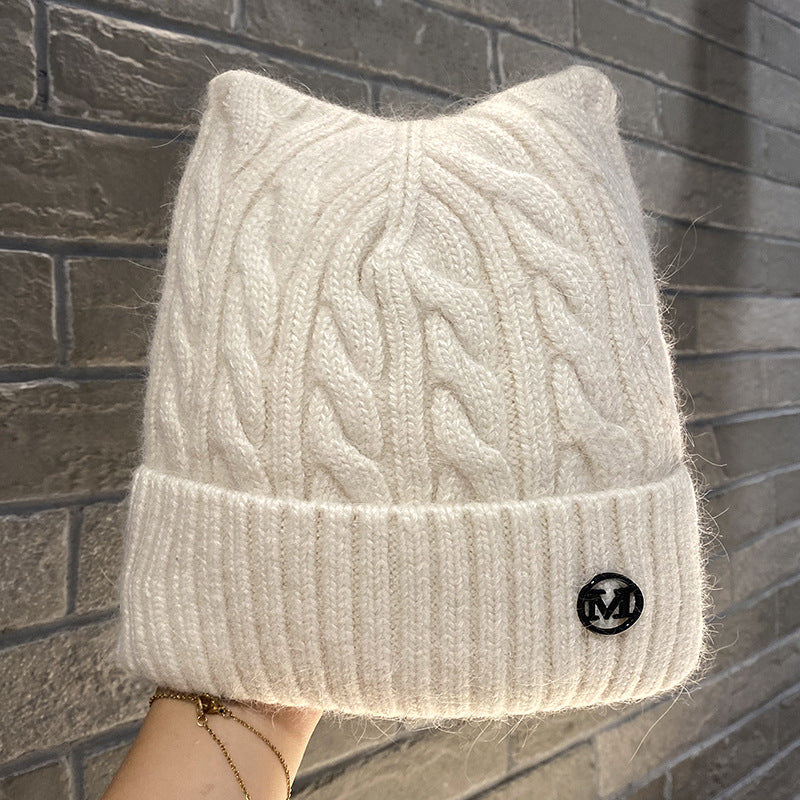 Cute Cat-ear Knitted Wool Warm Hat Versatile Face-slimming