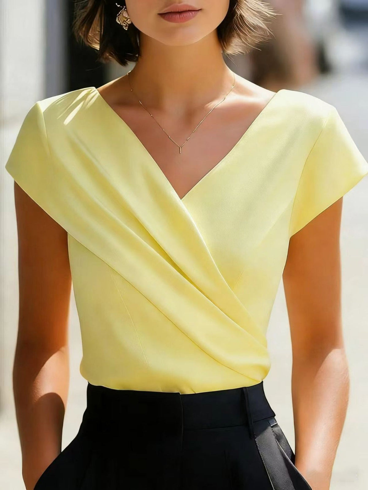 New Women's T-shirt 2026 - European Style, Elegant, Pure Color, V-neck, Short Sleeves, Form-fitting, Summer Women's Top