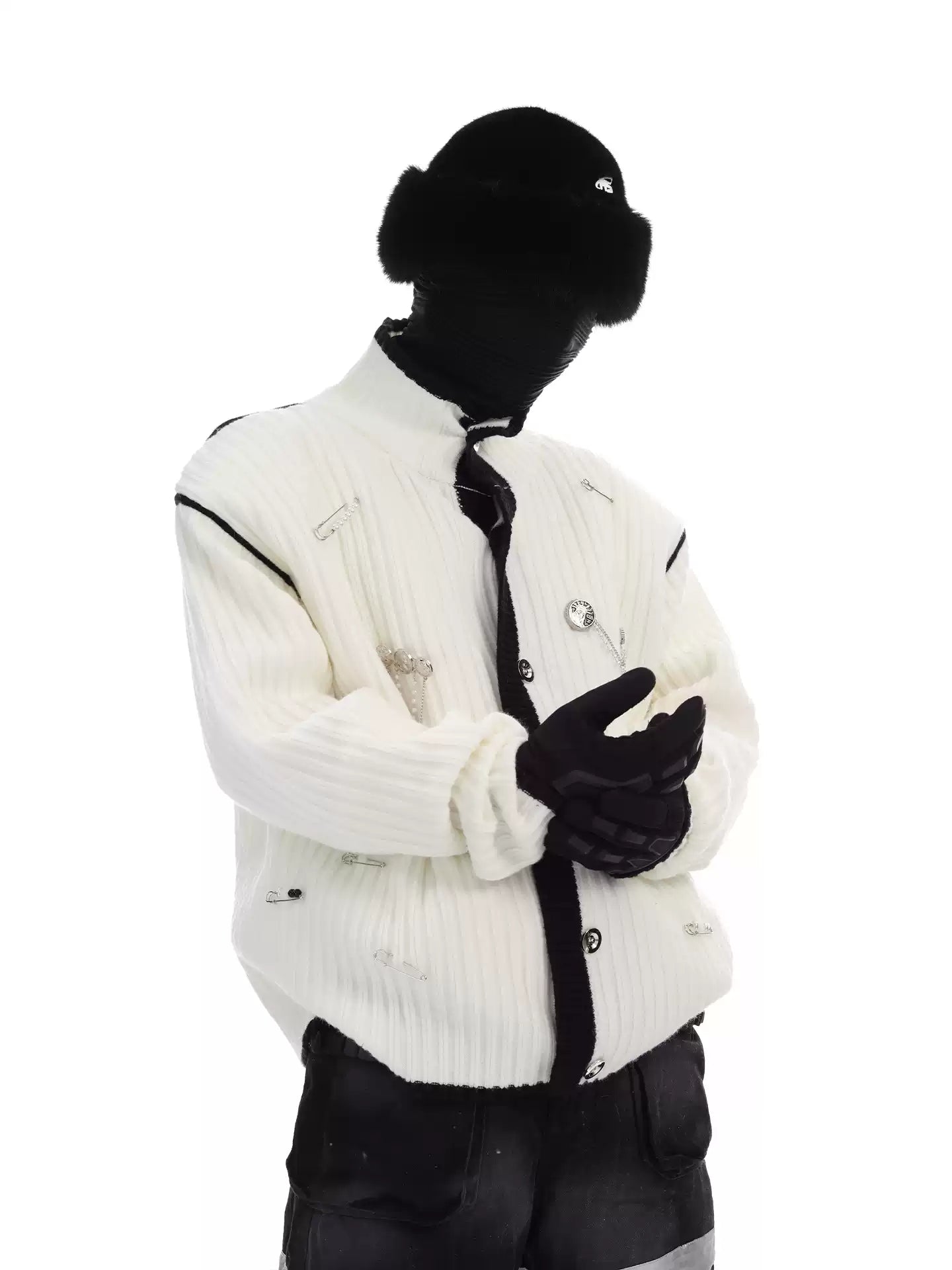 Stand-collar Contrast-color Metal-badge Knitted Cardigan Sweater