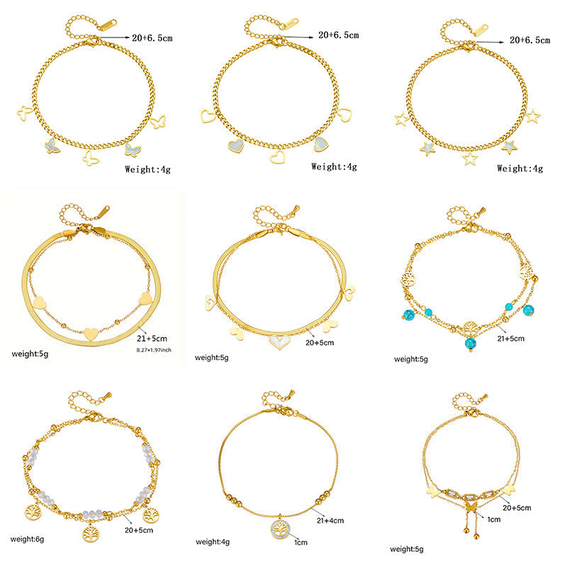 Fashionable Heart-Shaped White Shell Life Tree Butterfly Womens Anklet