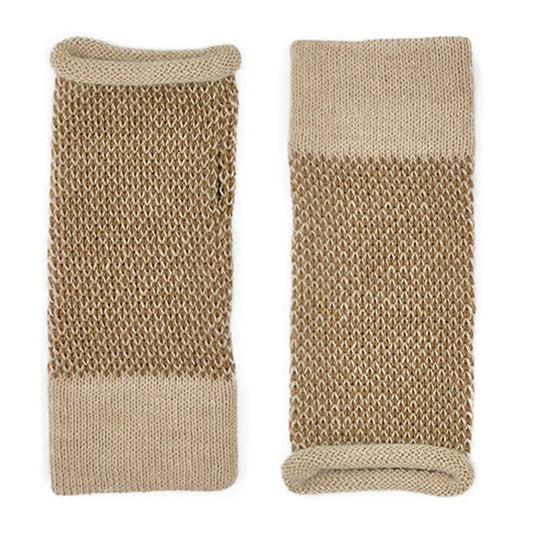 Fingerless Alpaca Gloves Camel Interwoven Long Wrist Warmers With Thumb Slit