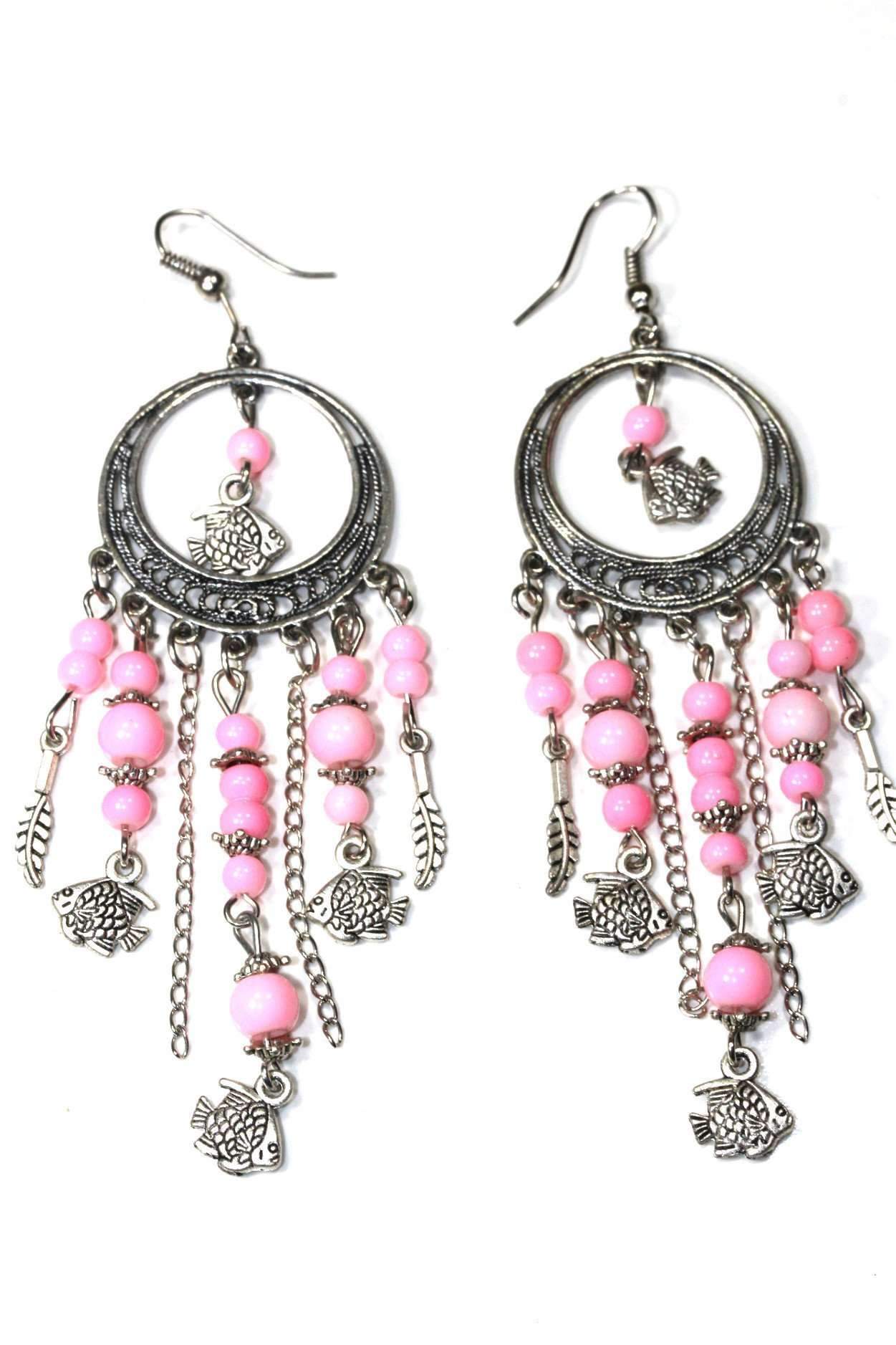 Fish Charm Chandelier Bead Earrings Pink Boho Style Chic