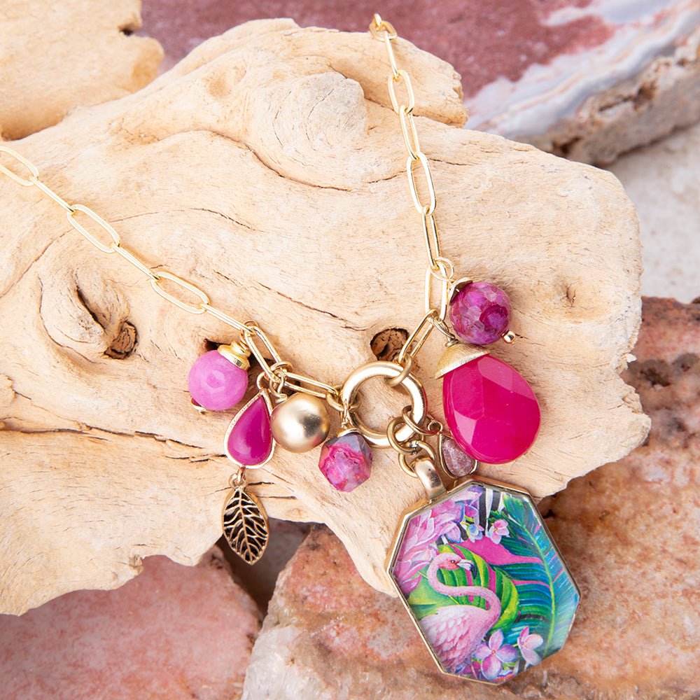 Flamingo Pink Achat Goldener Anhänger Halskette