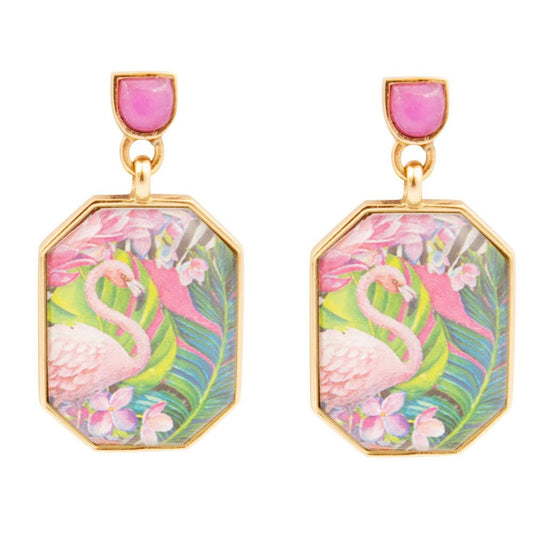 Boucles d'oreilles pendantes en agate rose flamant rose et plaqué or