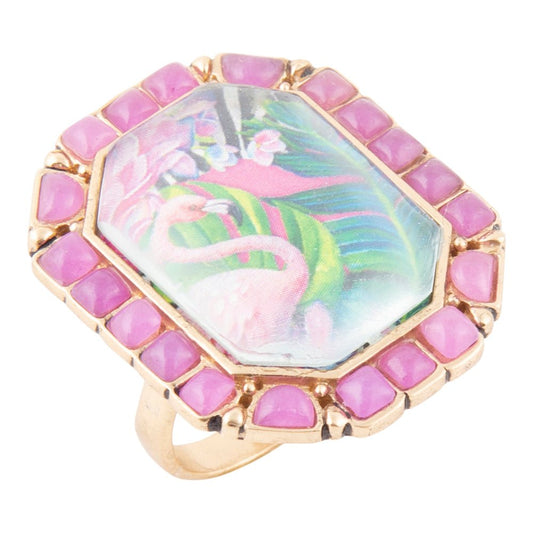 Bague spectaculaire en agate rose flamant et plaqué or