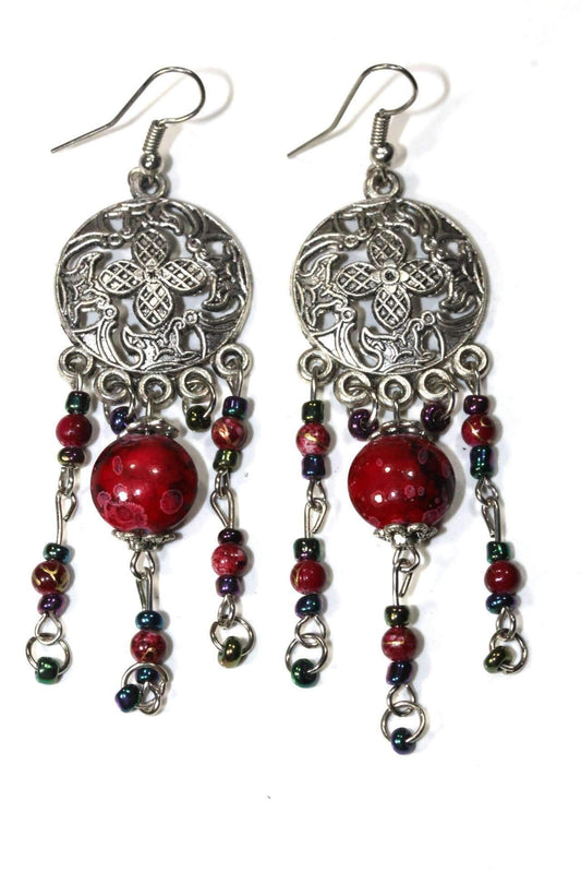 Ohrringe mit Blumenmedaillon-Perlen, baumelnd, Rot, Boho, als Anhänger