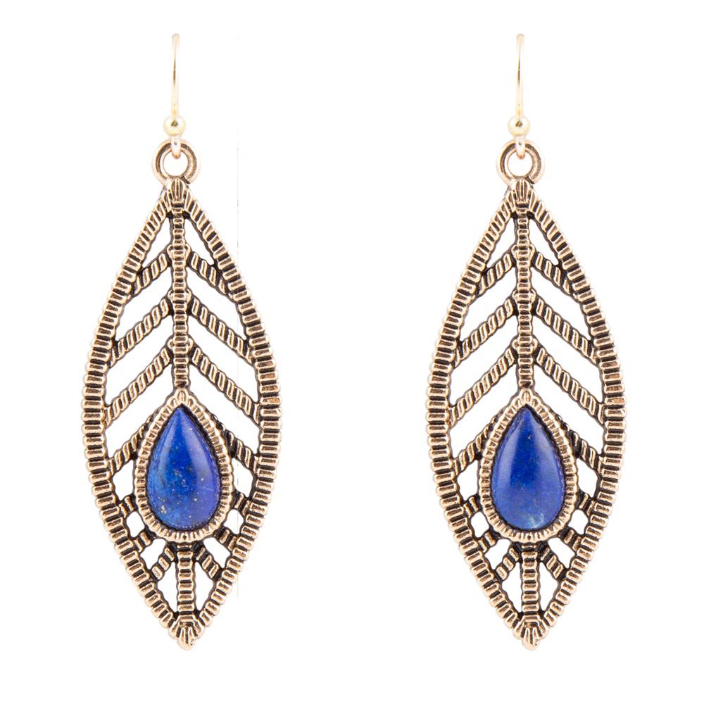 Boucles d'oreilles pendantes en lapis-lazuli bleu et plume dorée