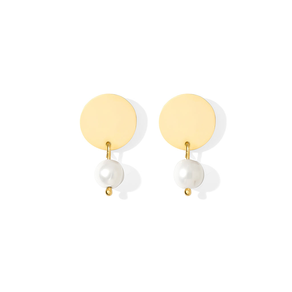 Freshwater Pearl Disc Earrings Recycled Shell Gold Plated Minimalist 1920s