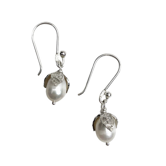 Süßwasserperlen-Ohrringe, tropfenförmig, Sterling Silber, Blatt-Details, 3,8 cm, handgefertigt