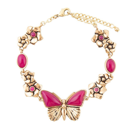 Bracelet Réglable Agate Fuchsia Papillons Dorés