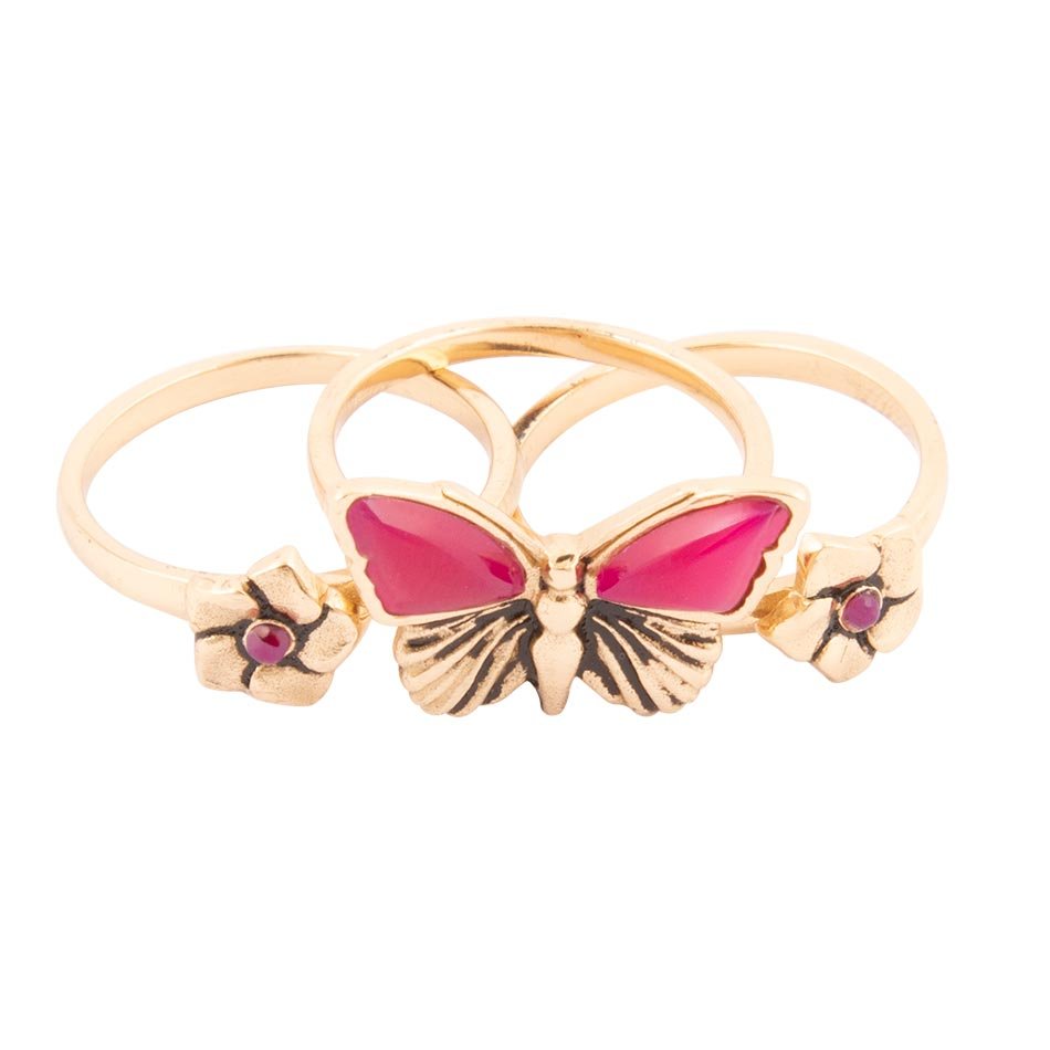 Pink Fuchsia Achat goldene Schmetterlinge dreifaches Ringset