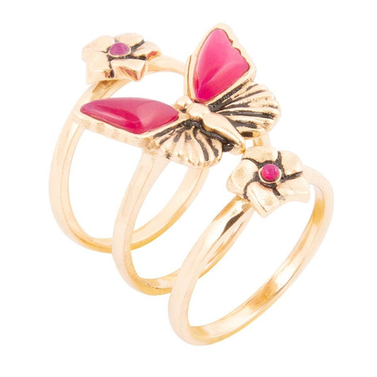 Ensemble de trois bagues Agate Fuchsia Rose Papillons Dorés