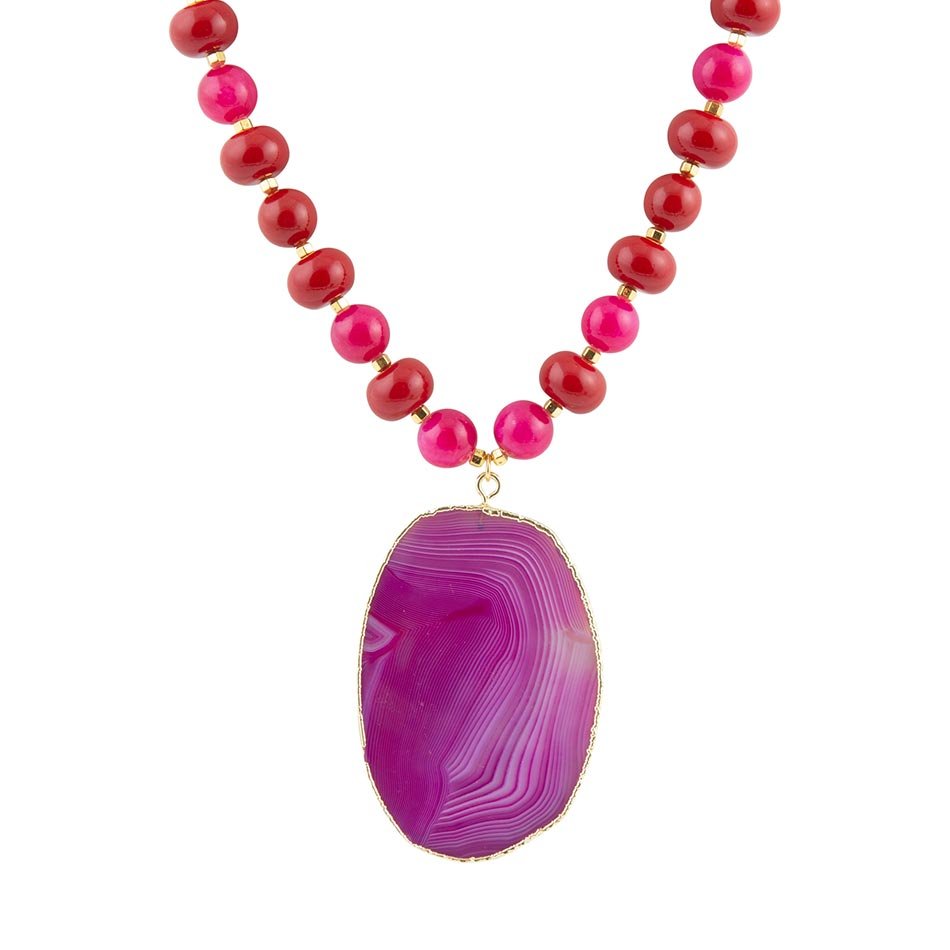 Collier pendentif en agate violette fuchsia coucher de soleil
