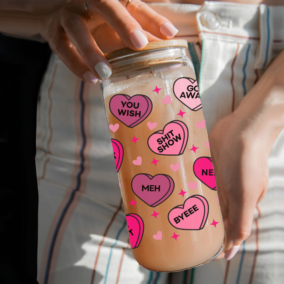 Verre drôle en forme de cœur Candy 20oz avec couvercle en bambou - Cadeau sarcastique pour la Saint-Valentin