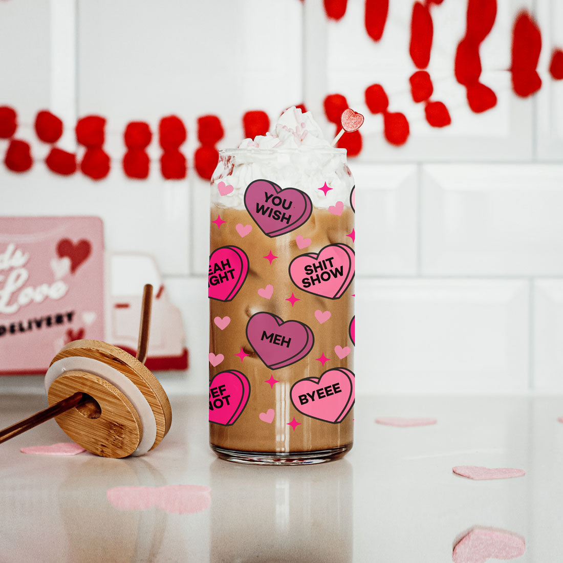 Verre drôle en forme de cœur Candy 20oz avec couvercle en bambou - Cadeau sarcastique pour la Saint-Valentin