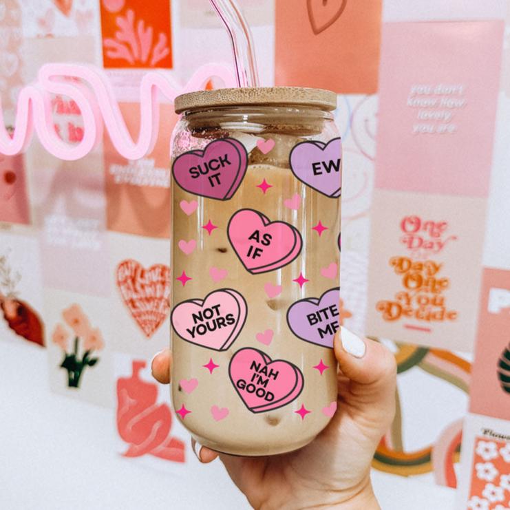 Verre drôle en forme de cœur Candy 20oz avec couvercle en bambou - Cadeau sarcastique pour la Saint-Valentin