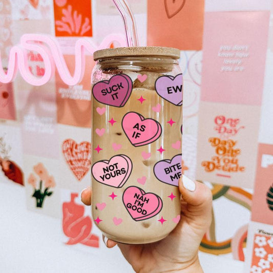 Verre drôle en forme de cœur Candy 20oz avec couvercle en bambou - Cadeau sarcastique pour la Saint-Valentin