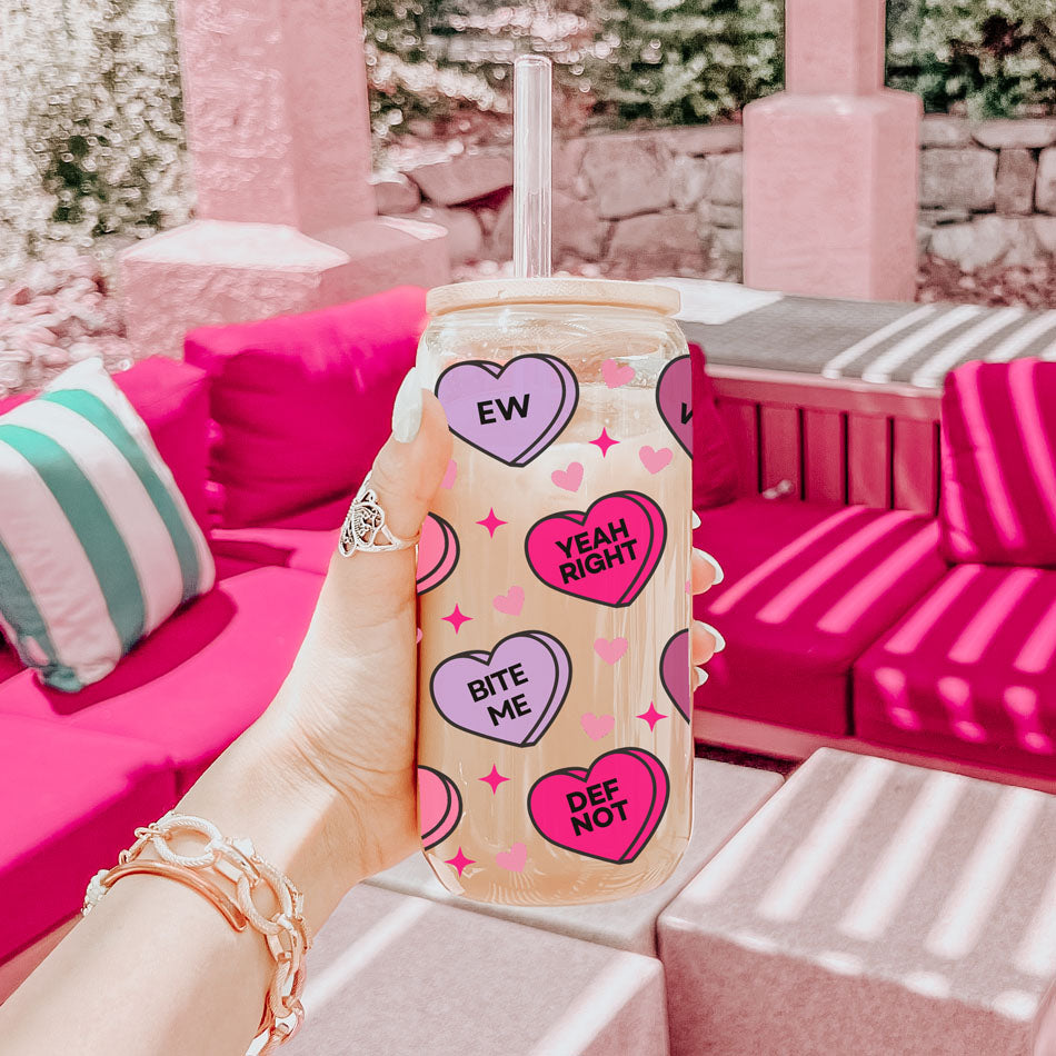 Verre drôle en forme de cœur Candy 20oz avec couvercle en bambou - Cadeau sarcastique pour la Saint-Valentin