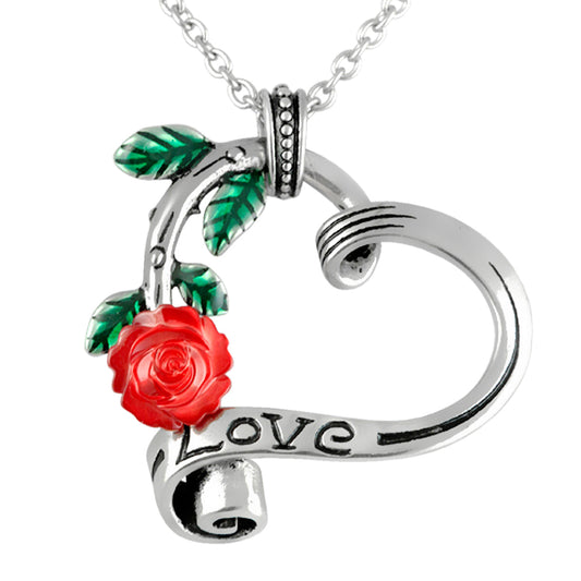 Collier avec pendentif Cœur de jardin et breloque en argent feuille de rose