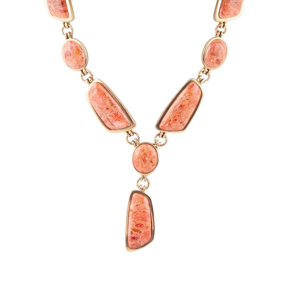 Collier fantaisie abstrait en corail éponge orange véritable et doré