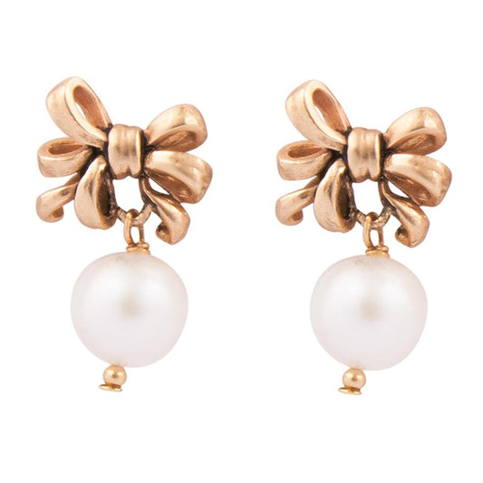 Boucles d'oreilles pendantes nœud perle d'eau douce dorées