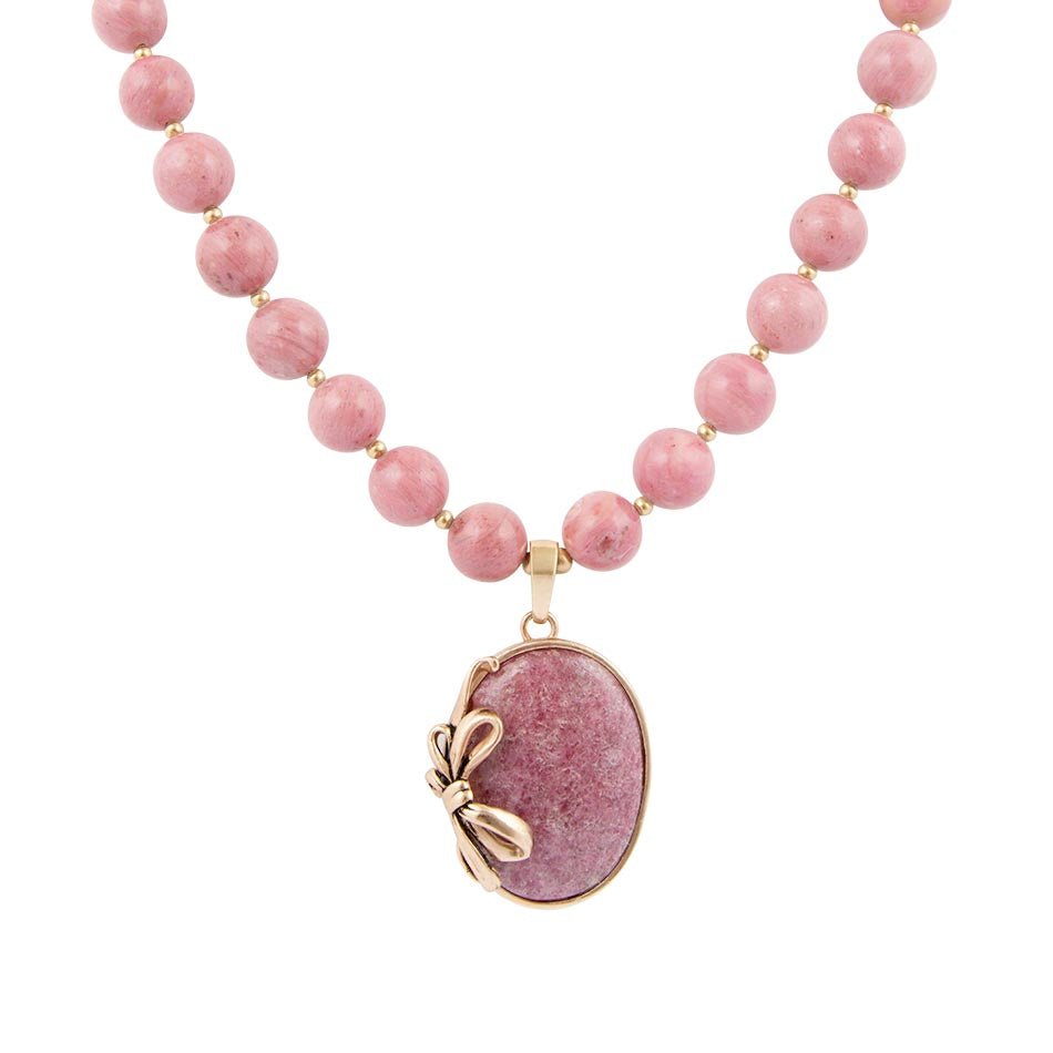 Collier Pendentif Nœud Papillon Doré Perlé en Rhodonite Rose Cadeau