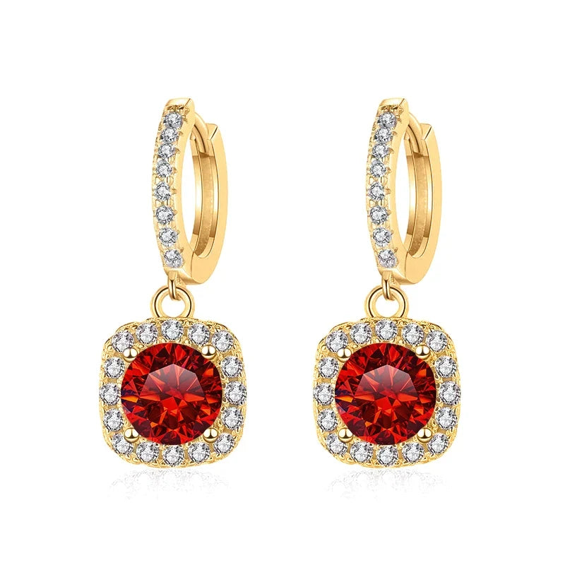 Colored Moissanite Cushion Halo Drop Hoop Earrings