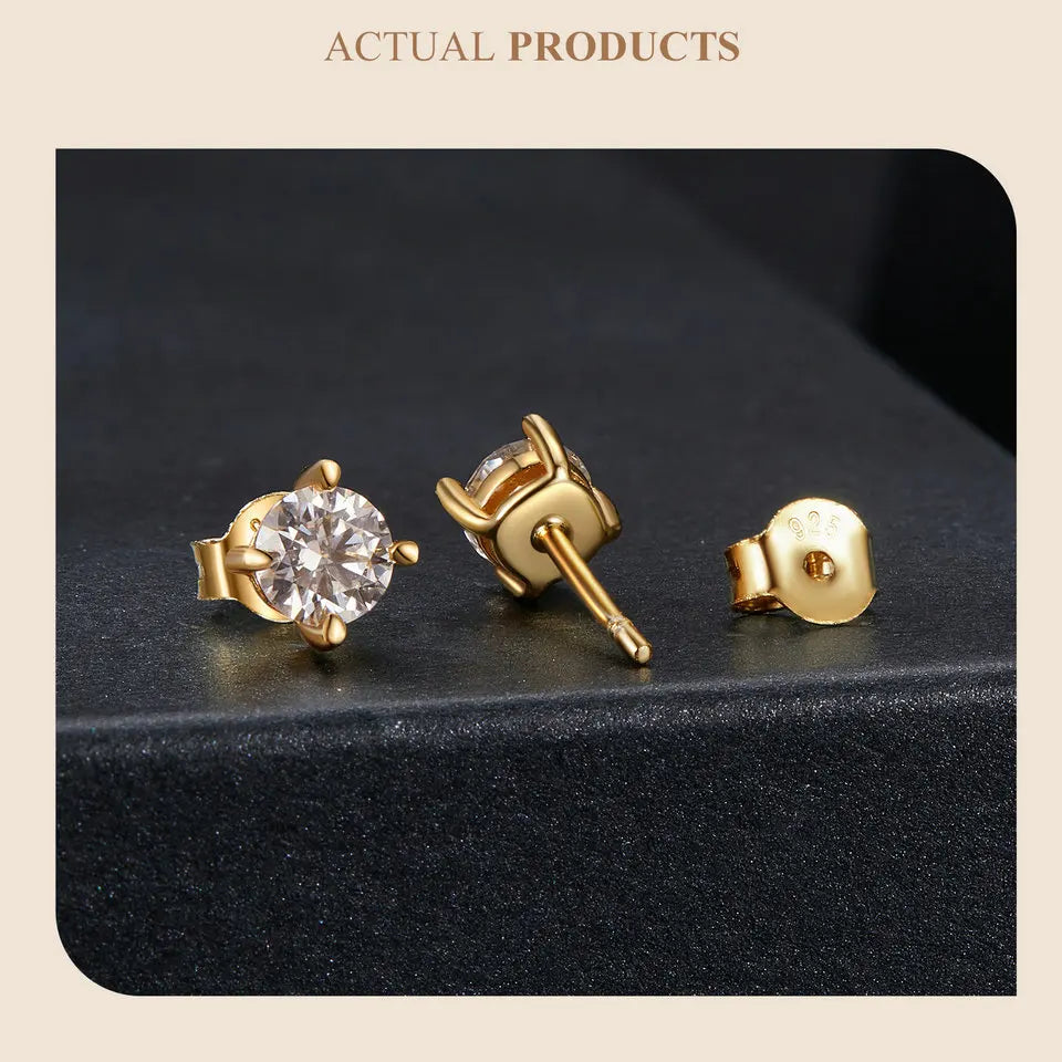 Gold Plated Moissanite Stud Earrings 925 Sterling Silver Engagement Bridal Gift