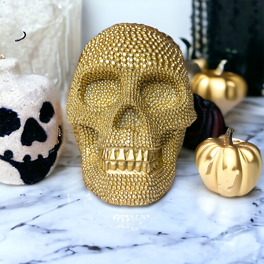 Décoration de crâne en résine dorée avec perles, support de livre rustique pour table, centre de table d'Halloween