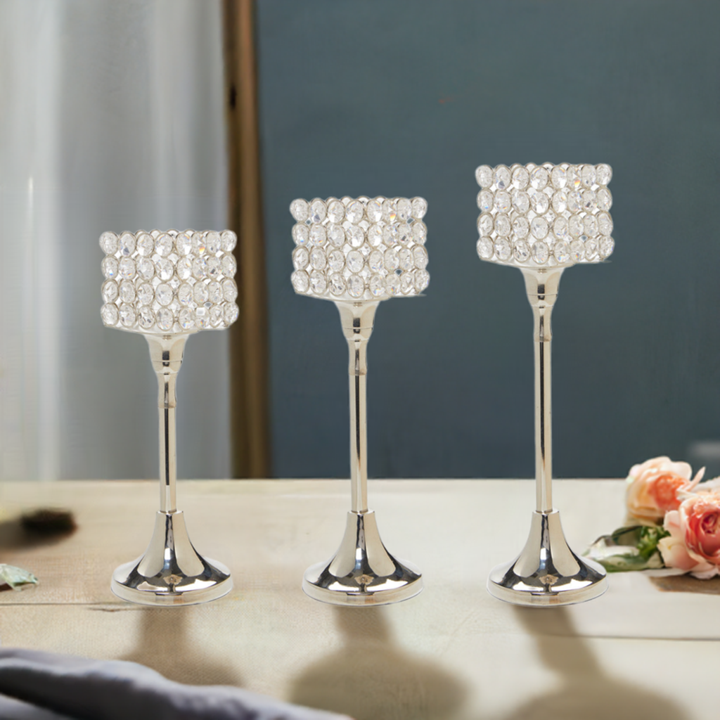 Vibhsa Crystal Hurricane Candle Holders | Set of 3, 10"/11"/12", Silver Nickel Finish
