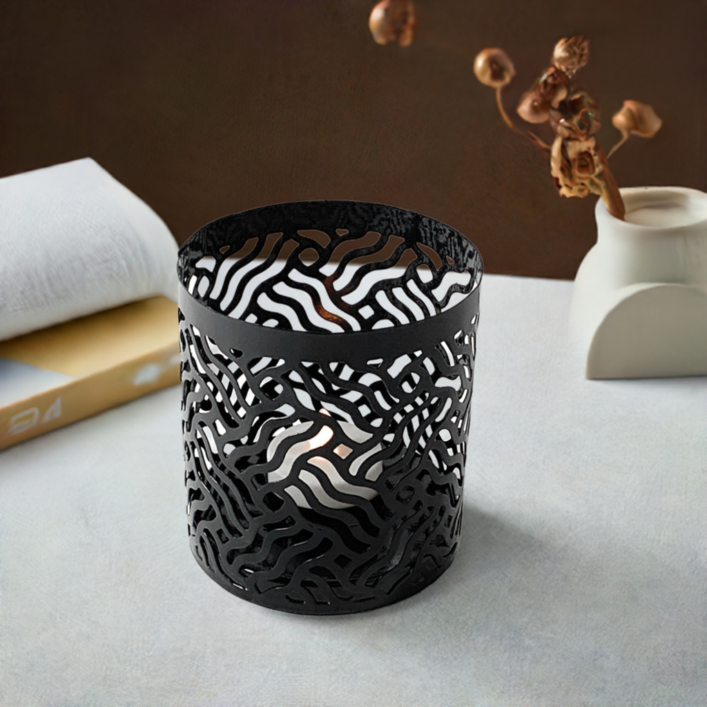 Vibhsa Votive Candle Holders | Set of 2, Black, Laser-Cut Design