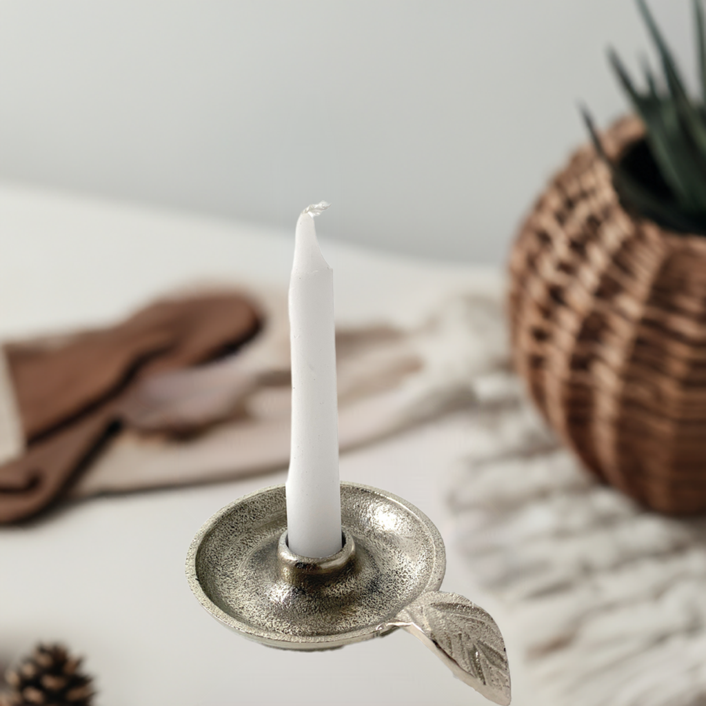 Vibhsa Taper Candlestick Holder Dish | Silver Finish, Leaf Handle, Handcrafted Aluminum