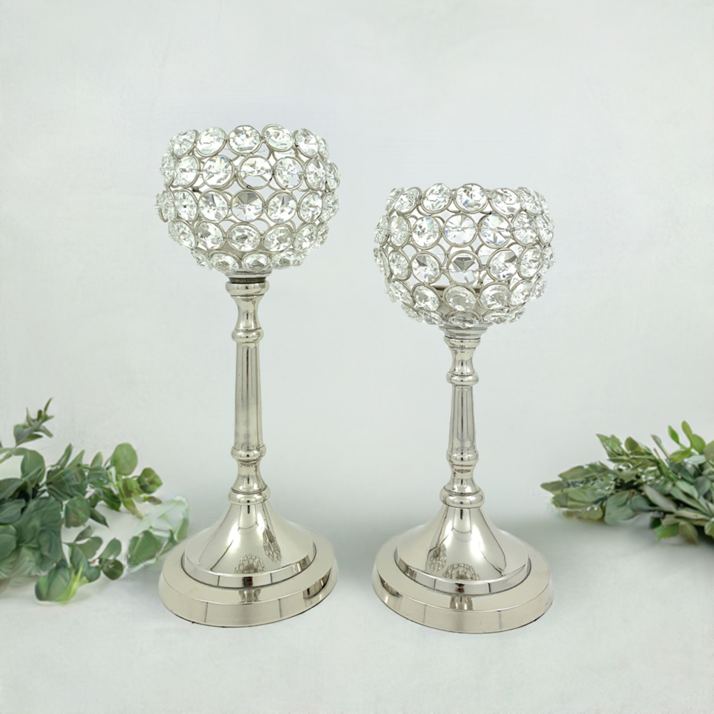 Vibhsa Hurricane Crystal Candle Holders | Set of 2, 8" & 10", Silver Nickel Finish